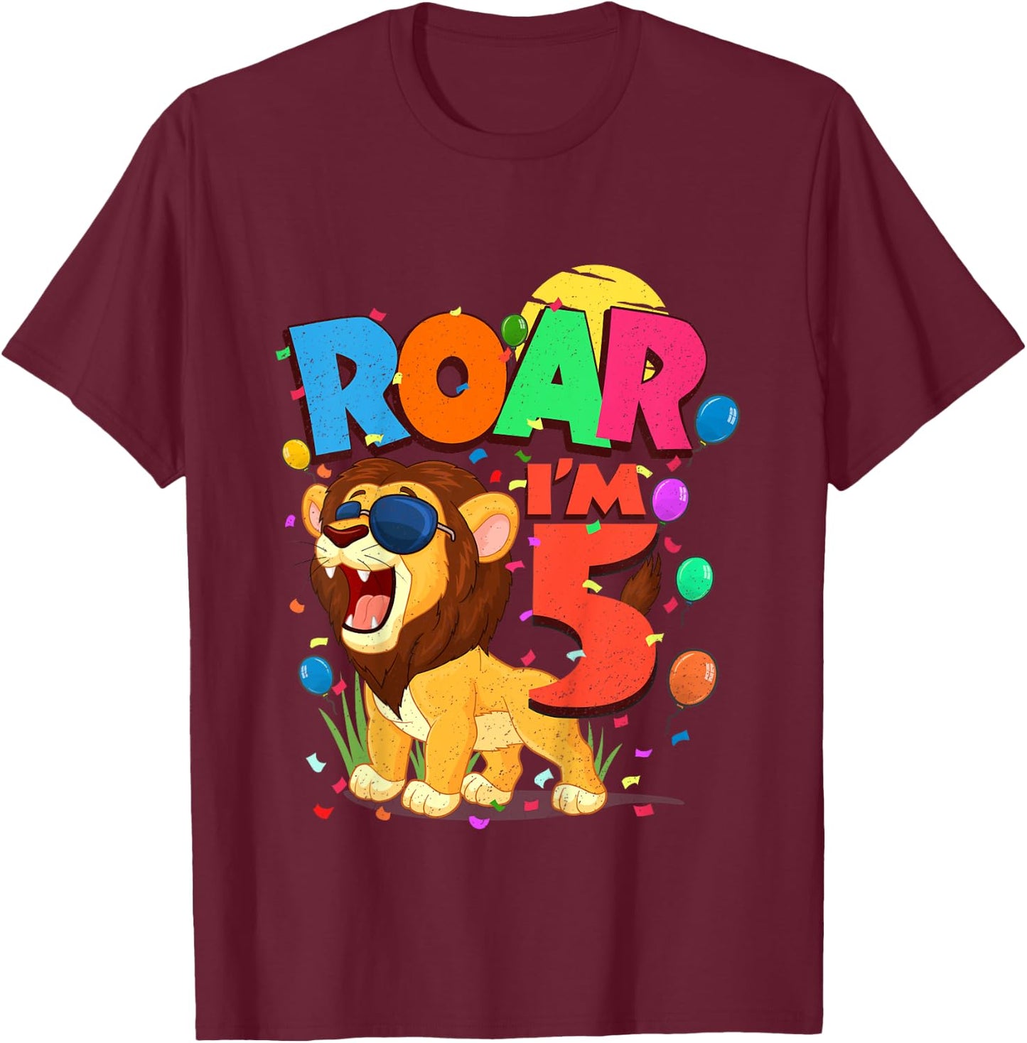 Kids 5th Birthday ROAR I'M 5 Year Old Shirt Boys Lion Safari Gift T-Shirt - T-Shirt | Maroon