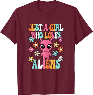 Just A Girl Who Loves Aliens Cute Extraterrestrial Kids T-Shirt - T-Shirt | Maroon