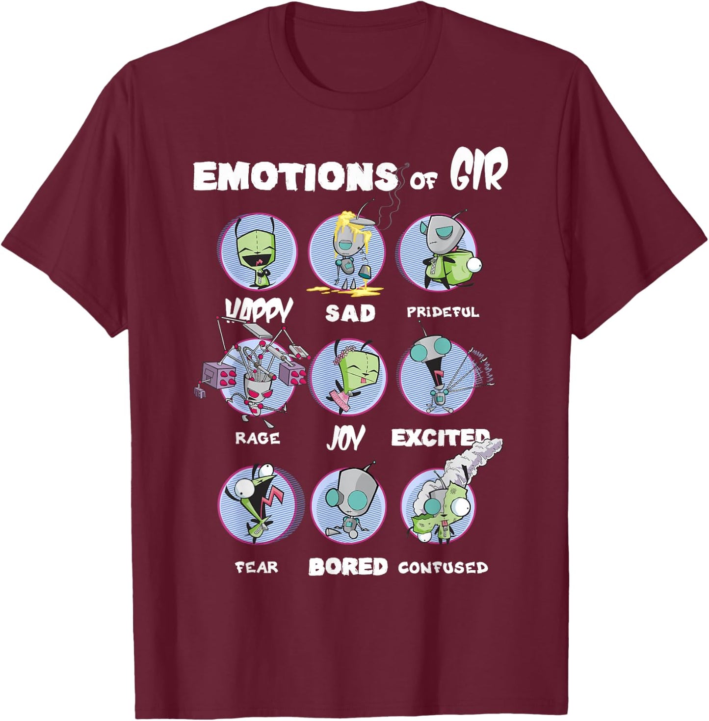 Nickelodeon Invader Zim The Many Emotions of Gir Small T-Shirt - T-Shirt | Maroon