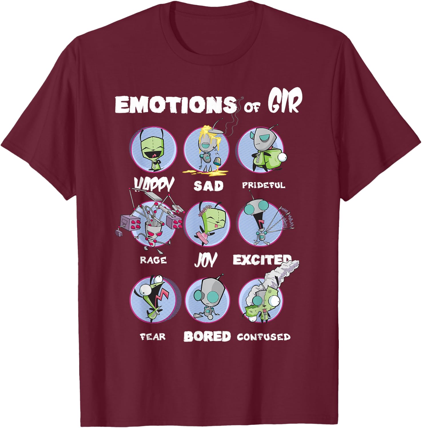 Nickelodeon Invader Zim The Many Emotions of Gir Small T-Shirt - T-Shirt | Maroon