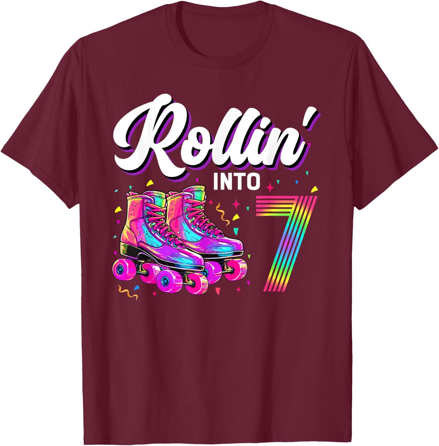 7th Birthday Shirt Girl 7 Year Old Roller Skate Skating T-Shirt - T-Shirt | Maroon