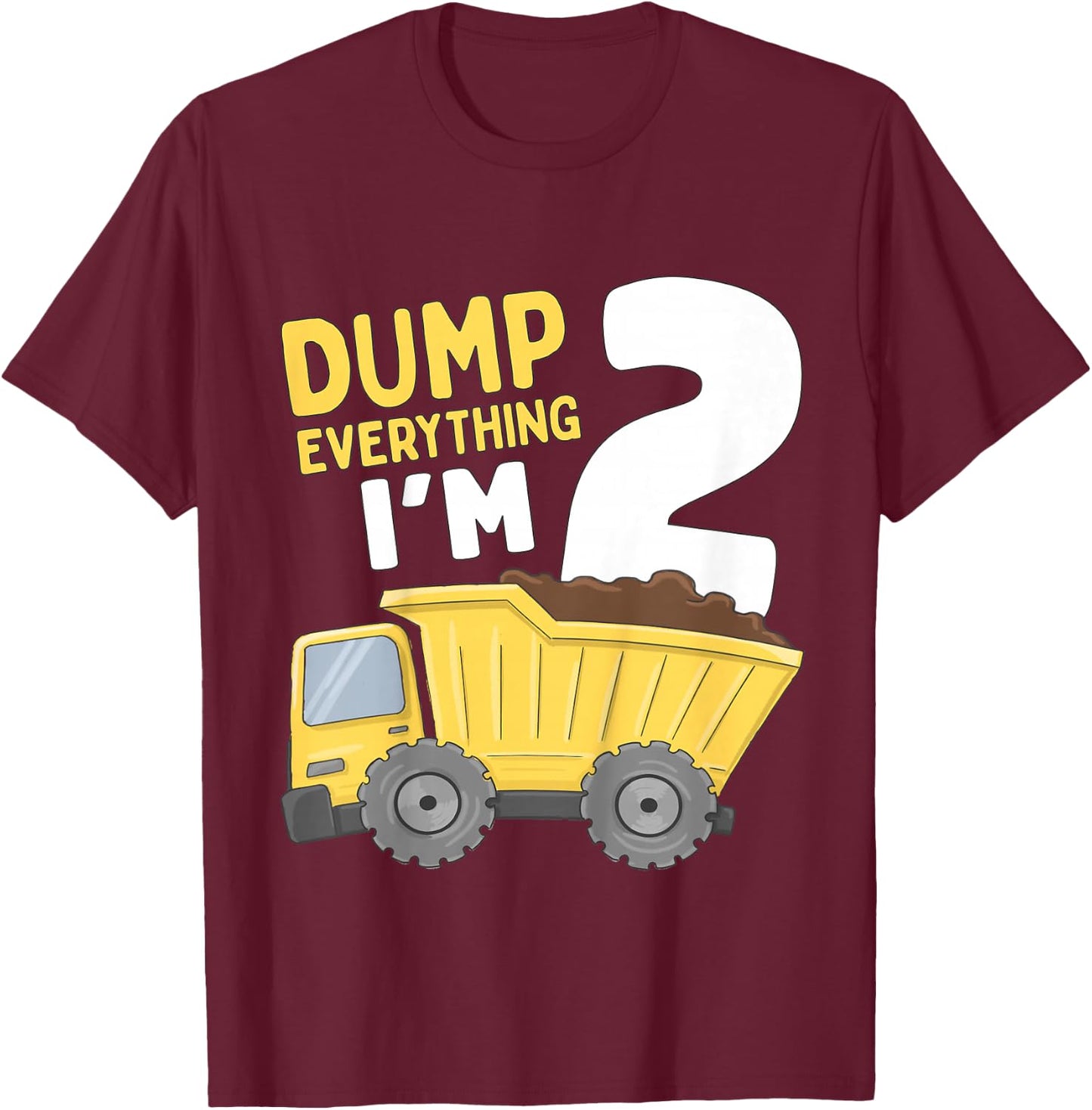 Kids Construction Truck 2nd Birthday Boy 2 Two Year Old T-Shirt - T-Shirt | Maroon