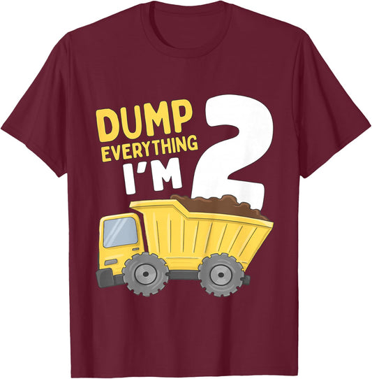 Kids Construction Truck 2nd Birthday Boy 2 Two Year Old T-Shirt - T-Shirt | Maroon