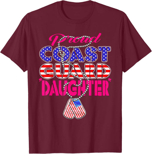 Proud US Coast Guard Daughter US Flag Dog Tag Military Child T-Shirt - T-Shirt | Maroon