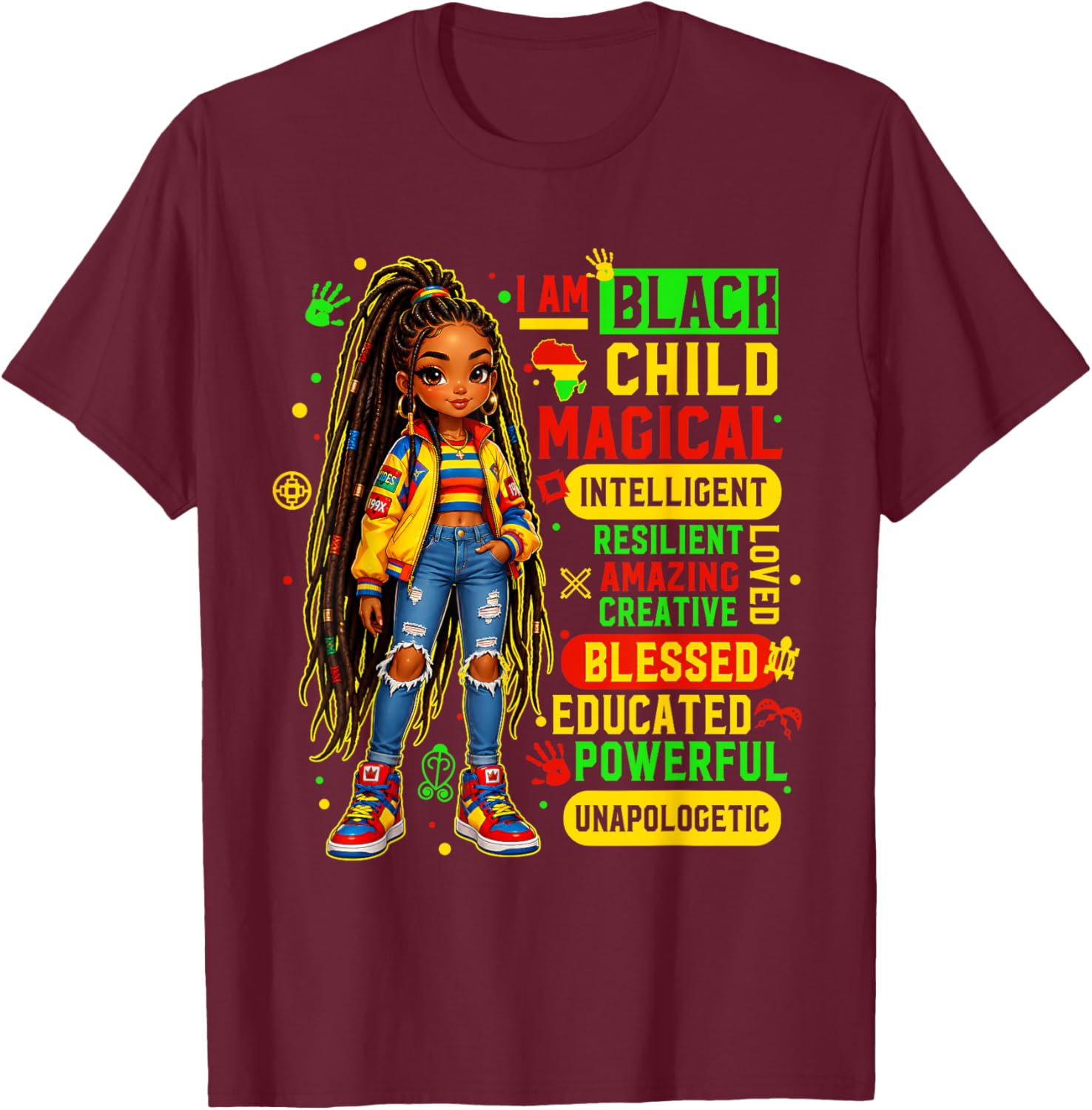 I Am Black Child African American History Month Girls Kids T-Shirt - T-Shirt | Maroon