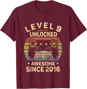 Kids Level 9 Unlocked 9th Birthday 9 Year Old Gifts Gamer Bday T-Shirt - T-Shirt | Maroon