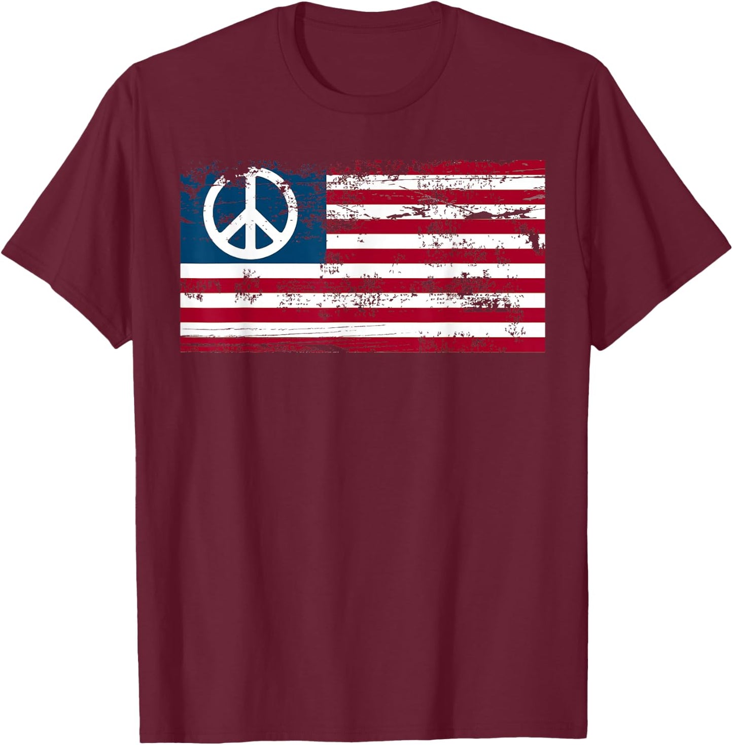 Distressed American USA Flag with Peace Sign T-Shirt - T-Shirt | Maroon