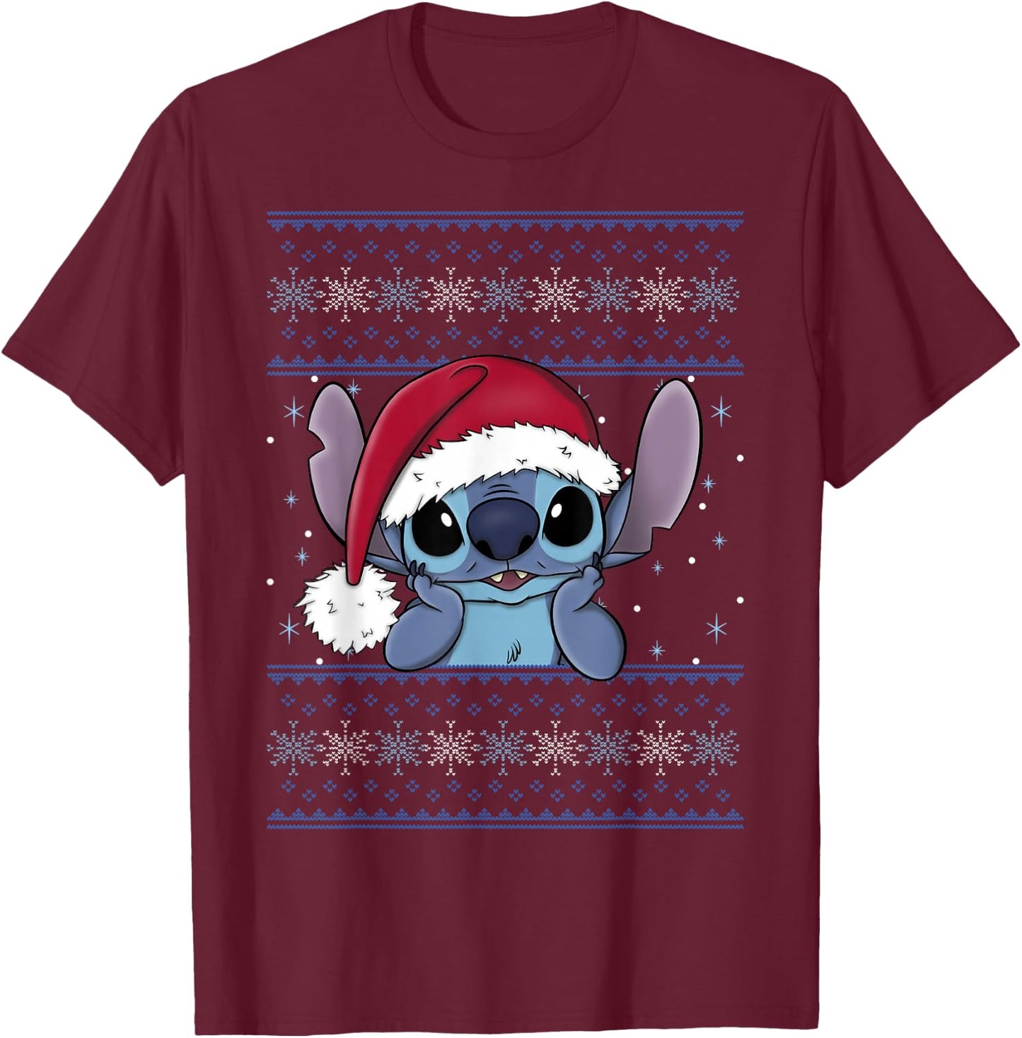 Disney Lilo & Stitch Christmas Stitch Ugly Sweater Style T-Shirt - T-Shirt | Maroon