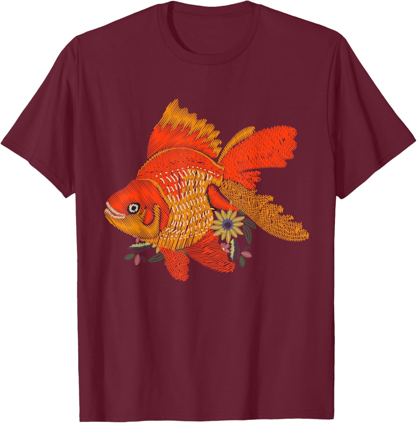 Japanese Goldfish - Vintage Floral Embroidery Look T-Shirt - T-Shirt | Maroon
