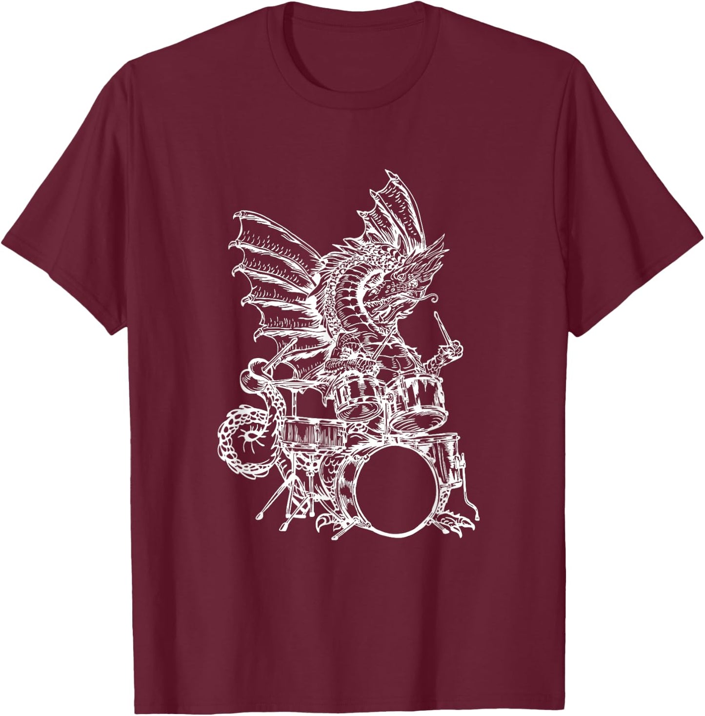 Dragon Playing Drums Cool Animal Funny Drummer Rock Musician T-Shirt - T-Shirt | Maroon