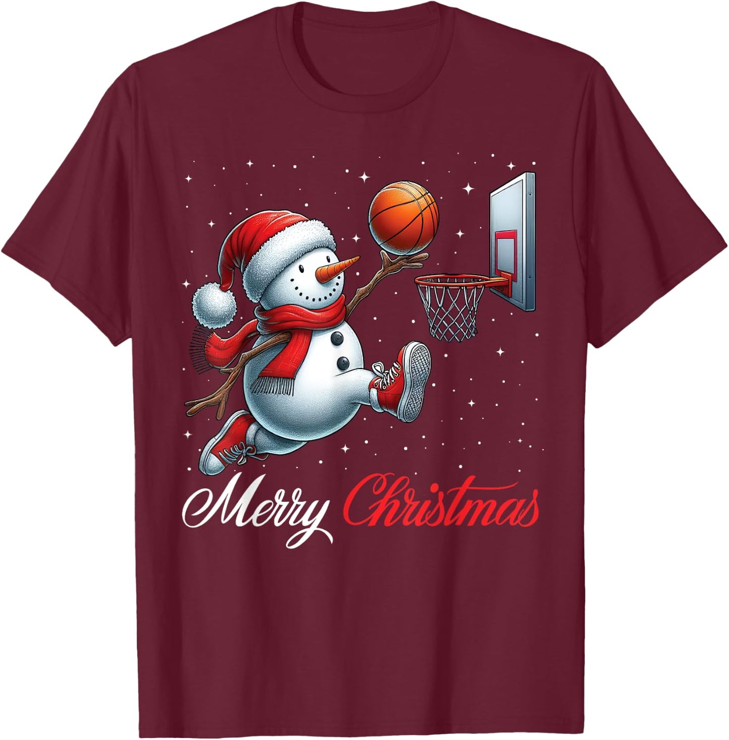 Snowman Basketball Merry Christmas Snow Boys Girls Kids T-Shirt - T-Shirt | Maroon