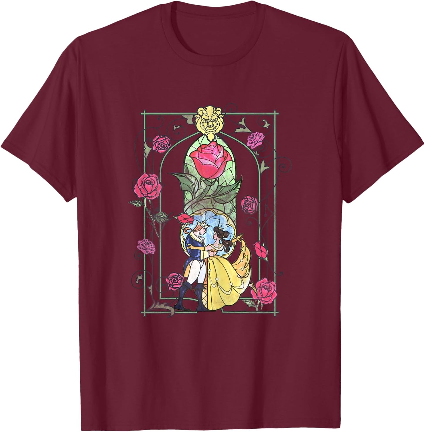 Disney Beauty And The Beast Stained Glass Graphic T-Shirt - T-Shirt | Maroon
