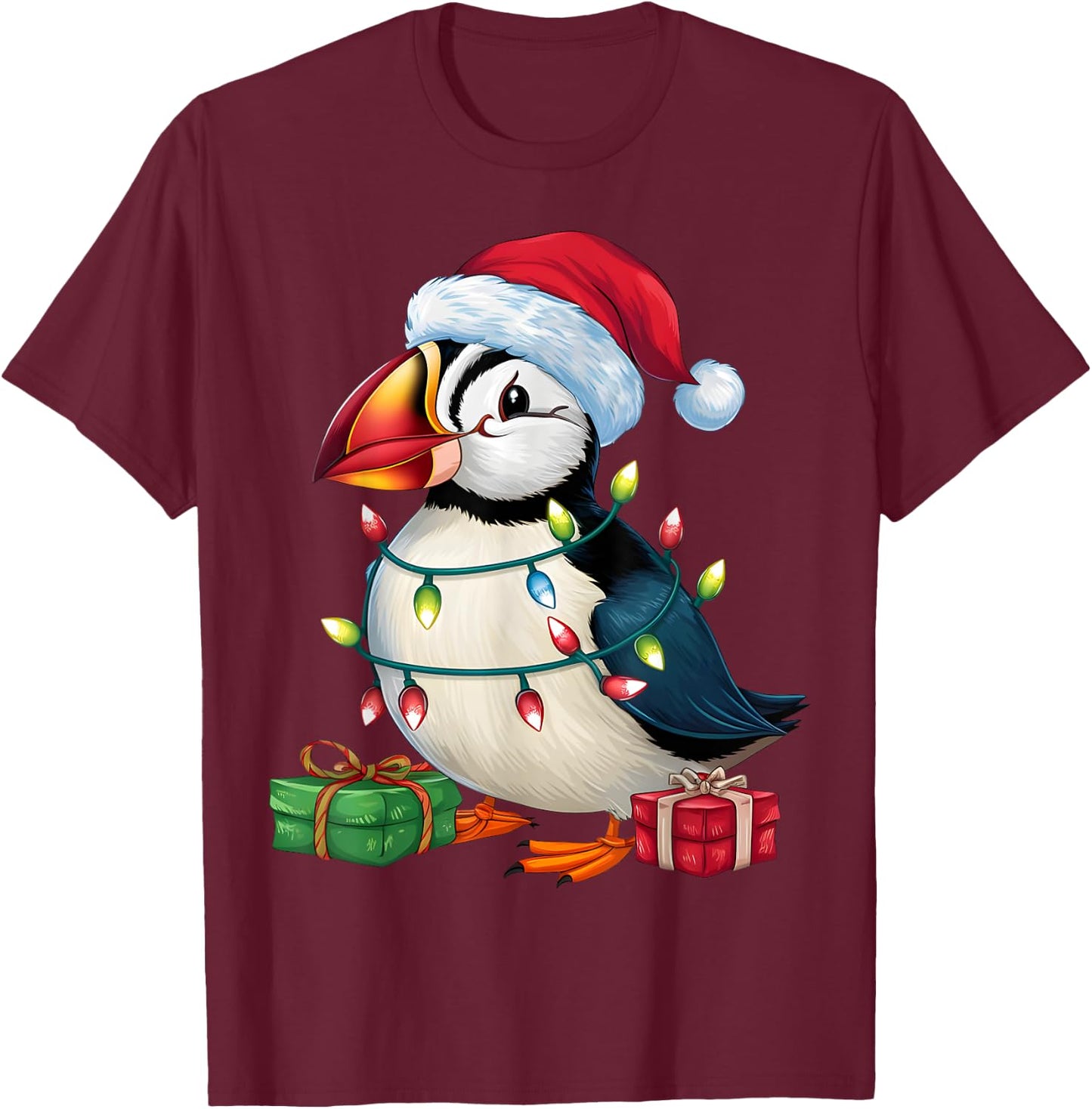Puffin Bird Lover Xmas Lighting Santa Hat Puffin Christmas T-Shirt - T-Shirt | Maroon