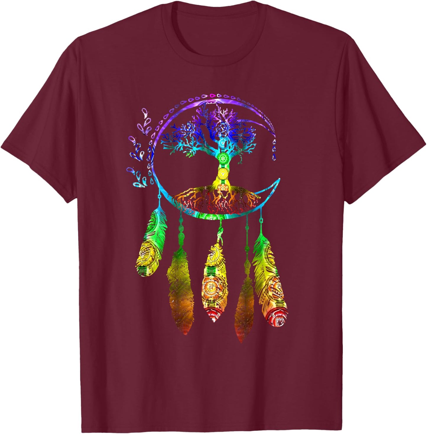 Moon Dream Catcher Feathers Tree of Life Gift T-Shirt - T-Shirt | Maroon