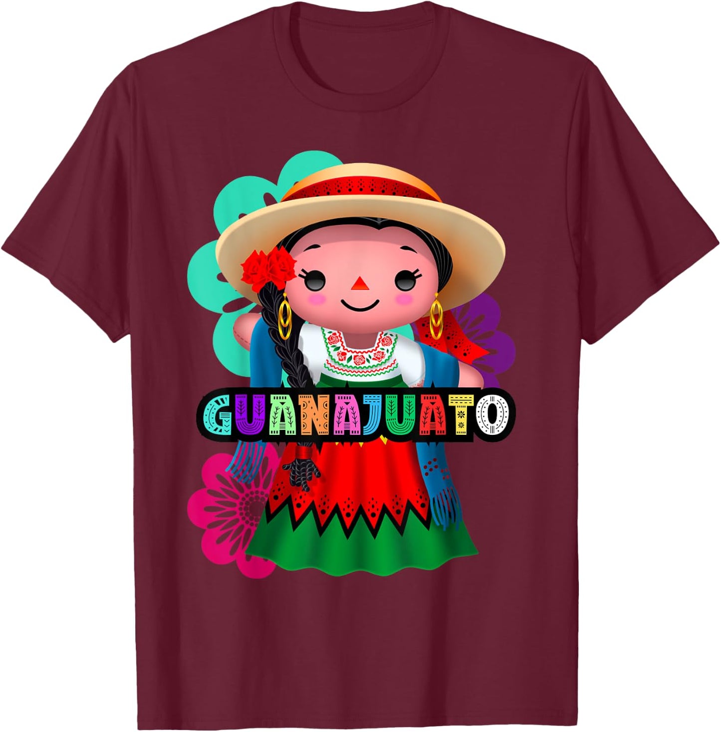 Guanajuato Mexico Muñeca Lelé, Handmade Mexicans Rag Doll T-Shirt - T-Shirt | Maroon