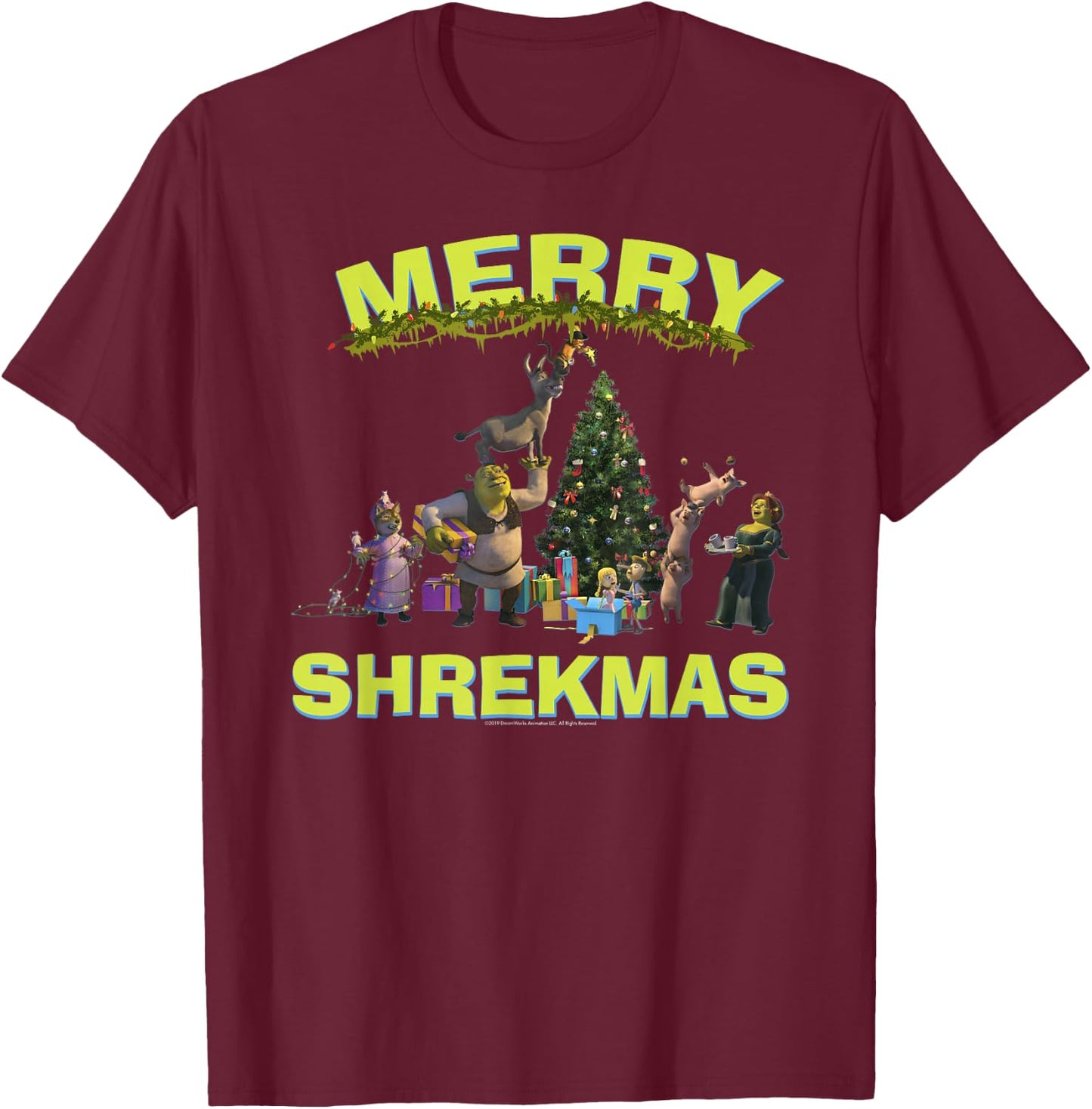 Shrek Group Shot Friends Merry Shrekmas Bold Holiday Text T-Shirt - T-Shirt | Maroon