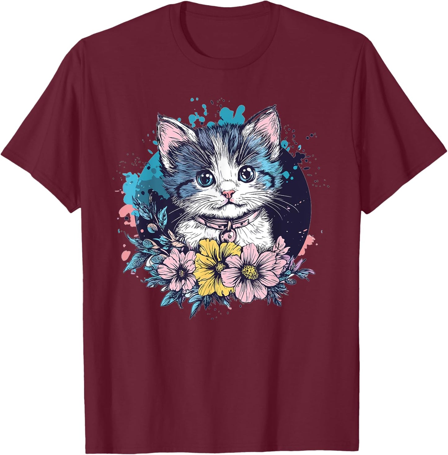 Cute Cat With Flowers I Kids Cat T-Shirt - T-Shirt | Maroon