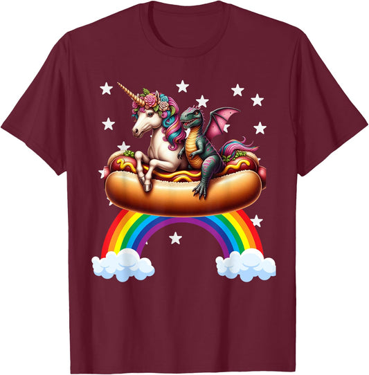 Unicorn Riding Hot Dog Boys Girls Women Kids Teens Dinosaur T-Shirt - T-Shirt | Maroon