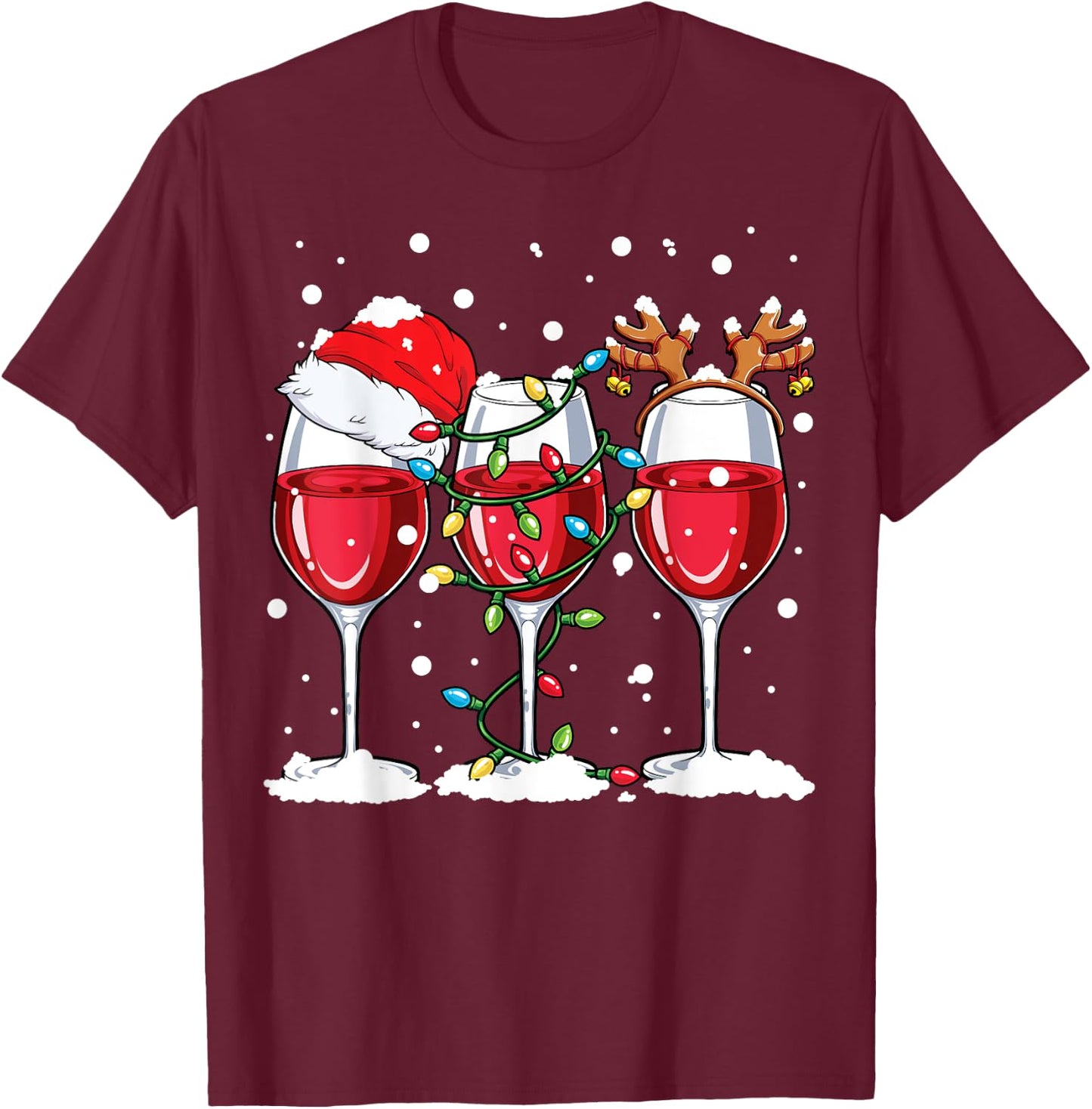 Wine Christmas Santa Hat Xmas Lights Reindeer Antlers Women T-Shirt - T-Shirt | Maroon