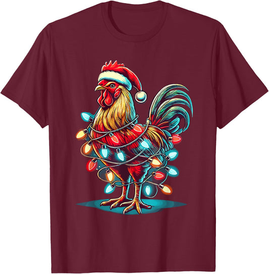 Chicken Santa Hat Christmas Lights Farmer Xmas T-Shirt - T-Shirt | Maroon