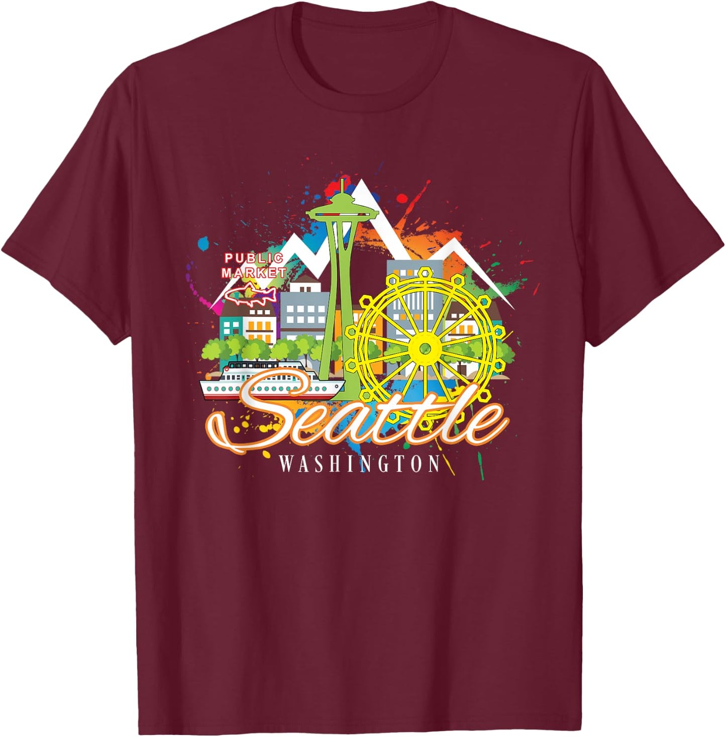 Seattle Washington Space Needle Harbor Skyline Souvenir T-Shirt - T-Shirt | Maroon