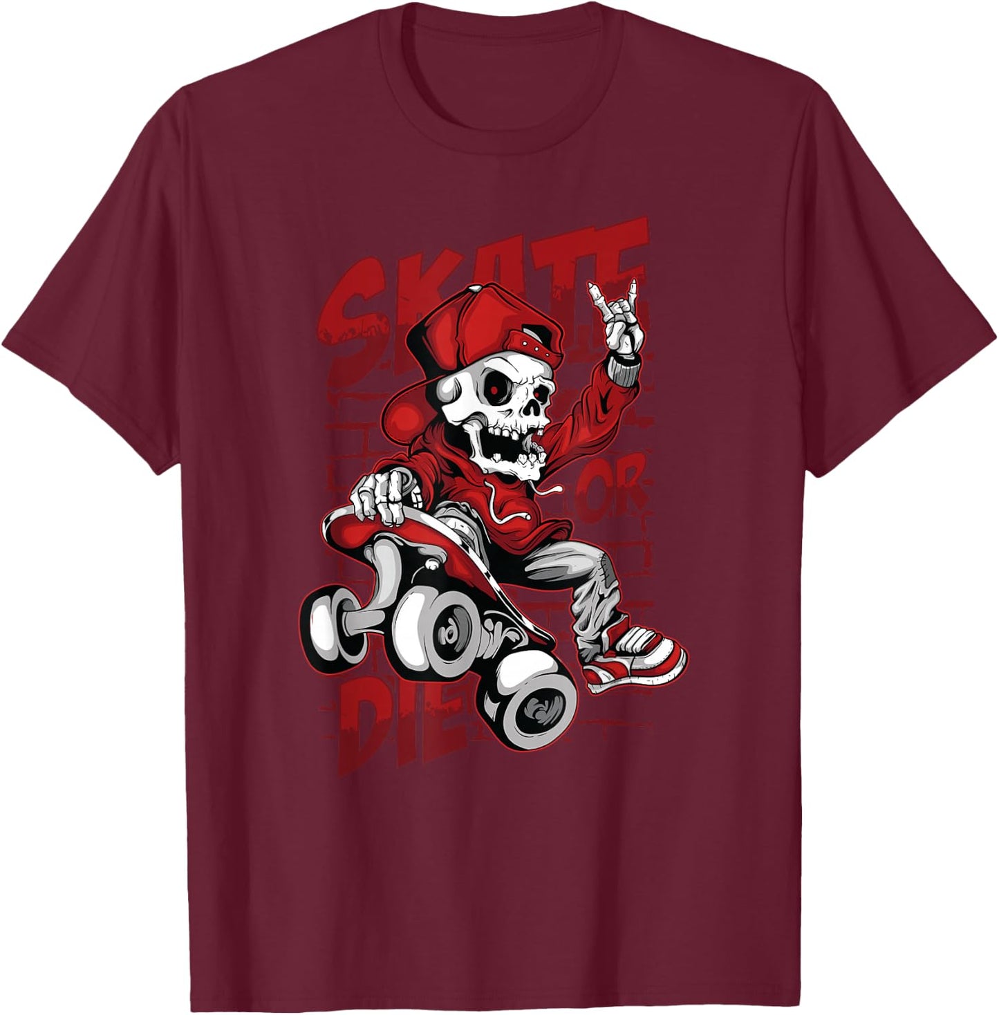 Skate or Die Skating Skeleton Skull Halloween Skateboard T-Shirt - T-Shirt | Maroon