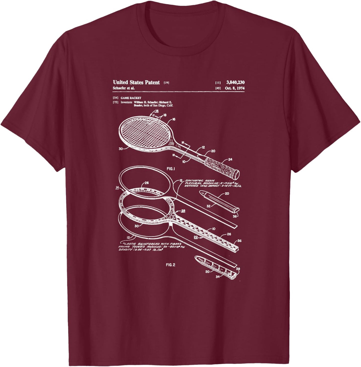 Vintage Patent Print 1974 Tennis Racket T-Shirt - T-Shirt | Maroon