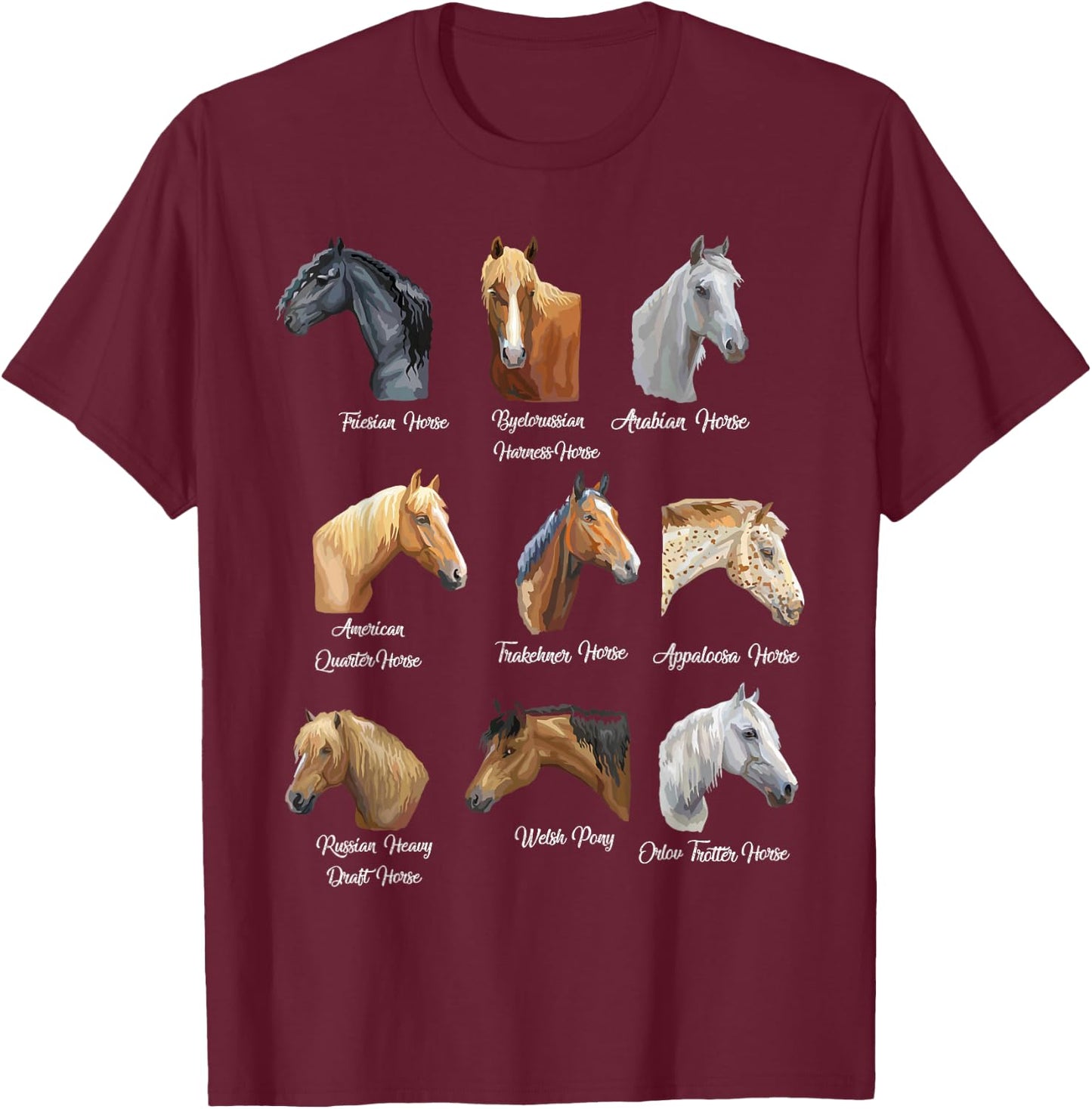 Horse Breeds Equestrian Horseback Riding Gift Girls T-Shirt - T-Shirt | Maroon