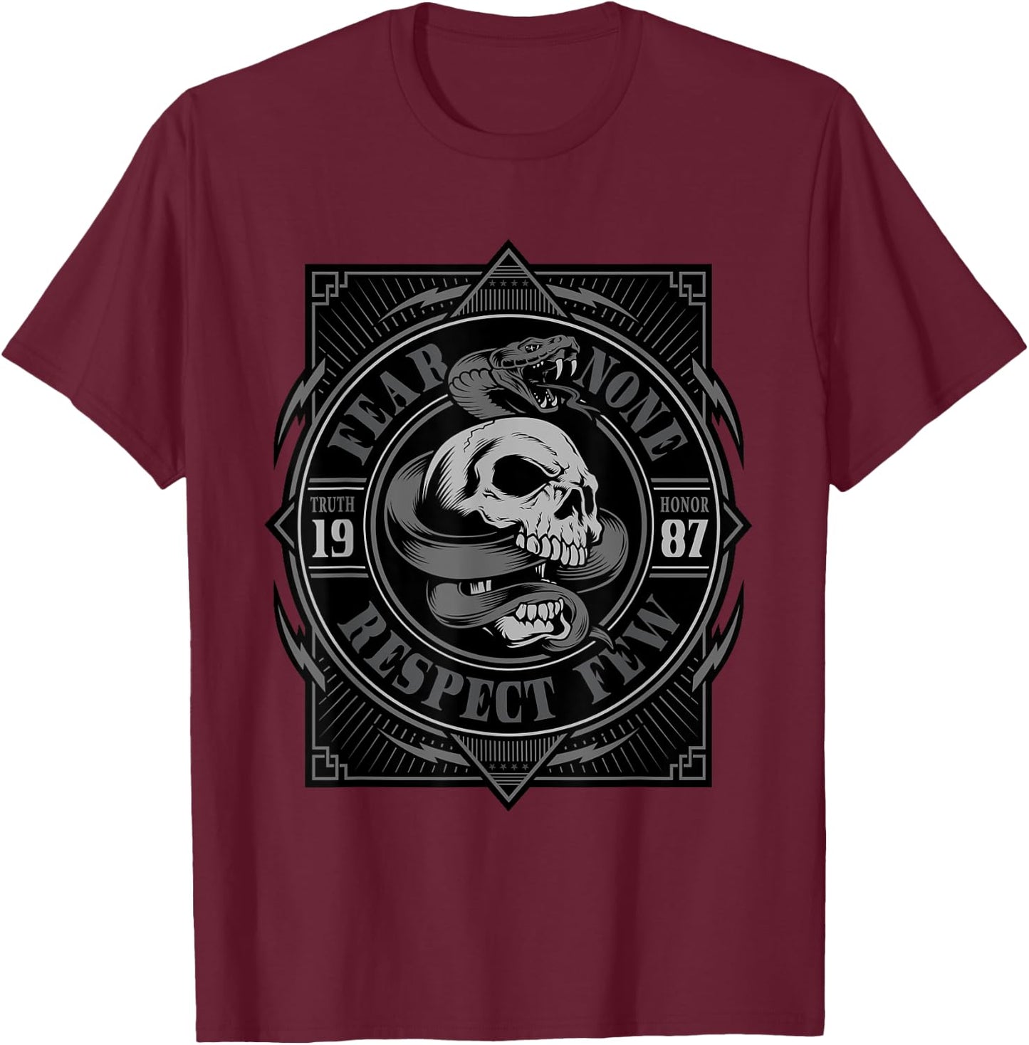 Biker Shirt, , Skull, fear none, respect few, men T-Shirt - T-Shirt | Maroon