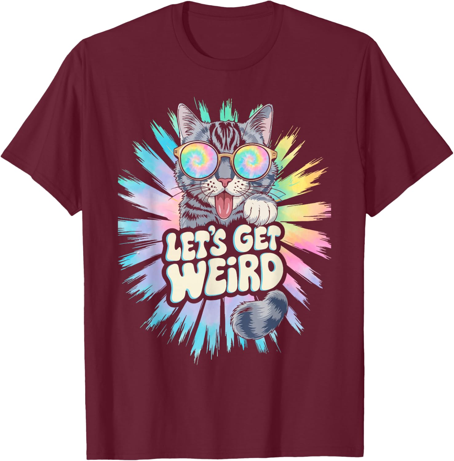 Let's Get Weird Retro Cat Animal Lover Psychedelic Boho T-Shirt - T-Shirt | Maroon