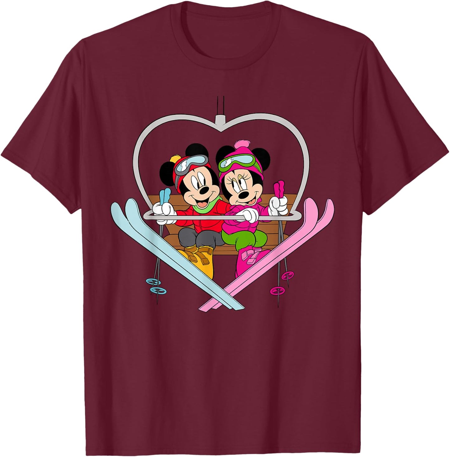Disney Mickey and Minnie Mouse Heart Shaped Ski Lift T-Shirt - T-Shirt | Maroon