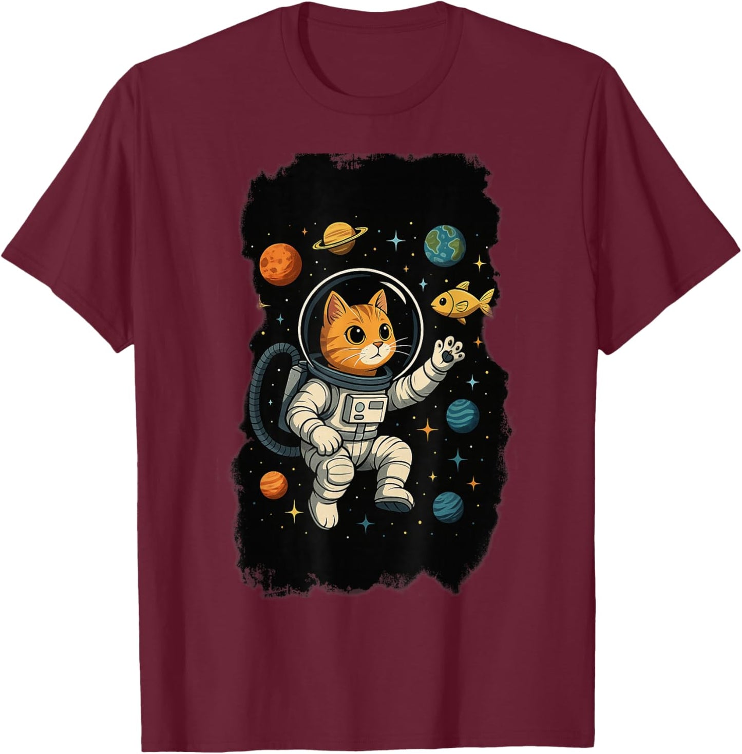 Astronaut Cat Space Explorer Orange Tabby Galaxy Planets T-Shirt - T-Shirt | Maroon