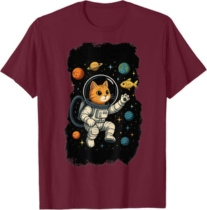 Astronaut Cat Space Explorer Orange Tabby Galaxy Planets T-Shirt - T-Shirt | Maroon