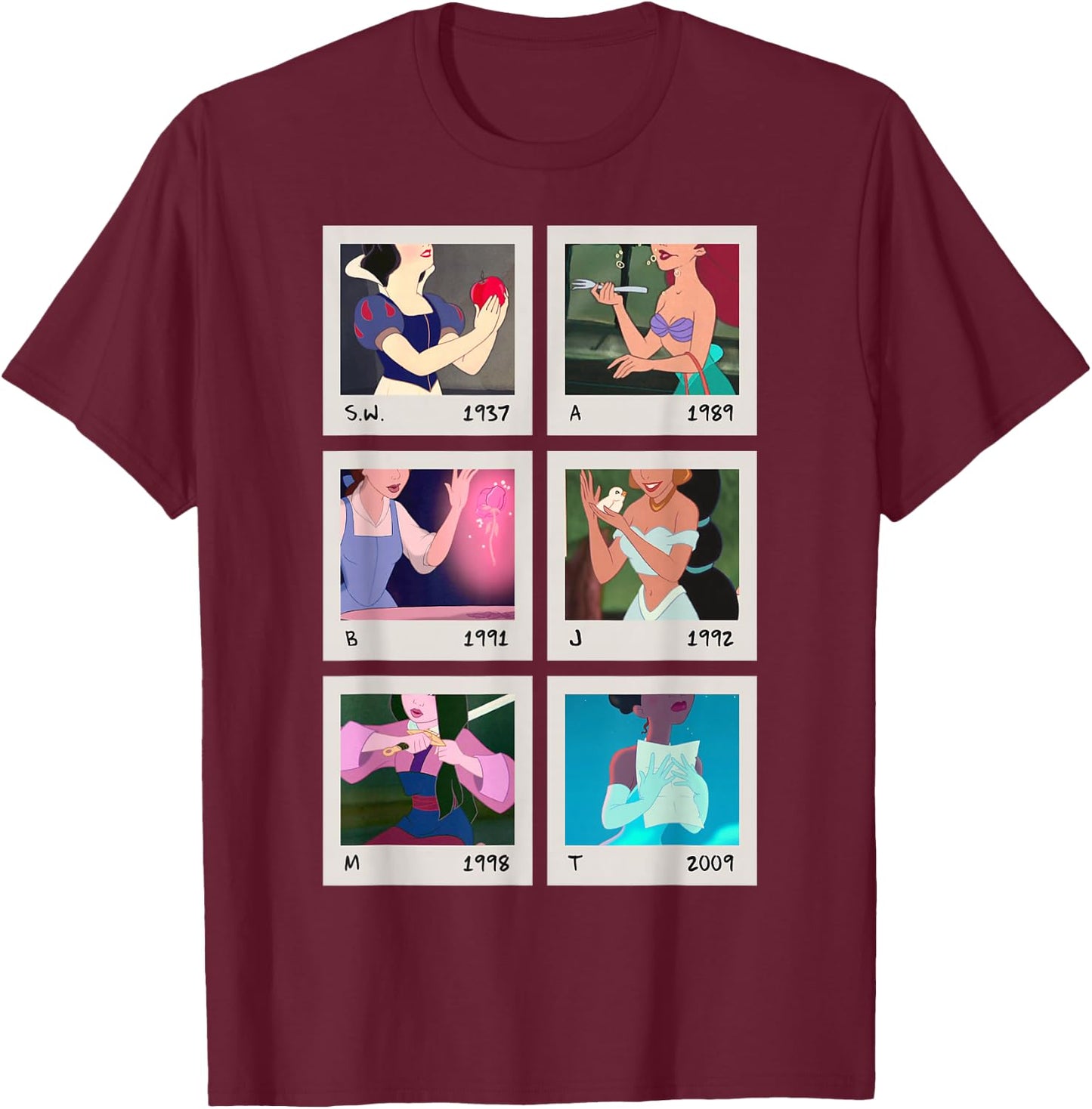 Disney Princess Polaroid Photo Grid Small T-Shirt - T-Shirt | Maroon