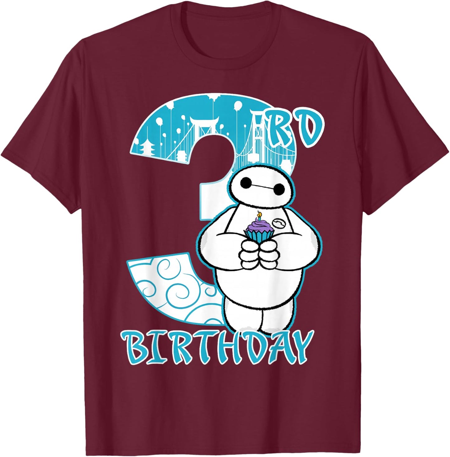 Disney Big Hero 6 Baymax 3rd Birthday Cupcake Portrait T-Shirt - T-Shirt | Maroon