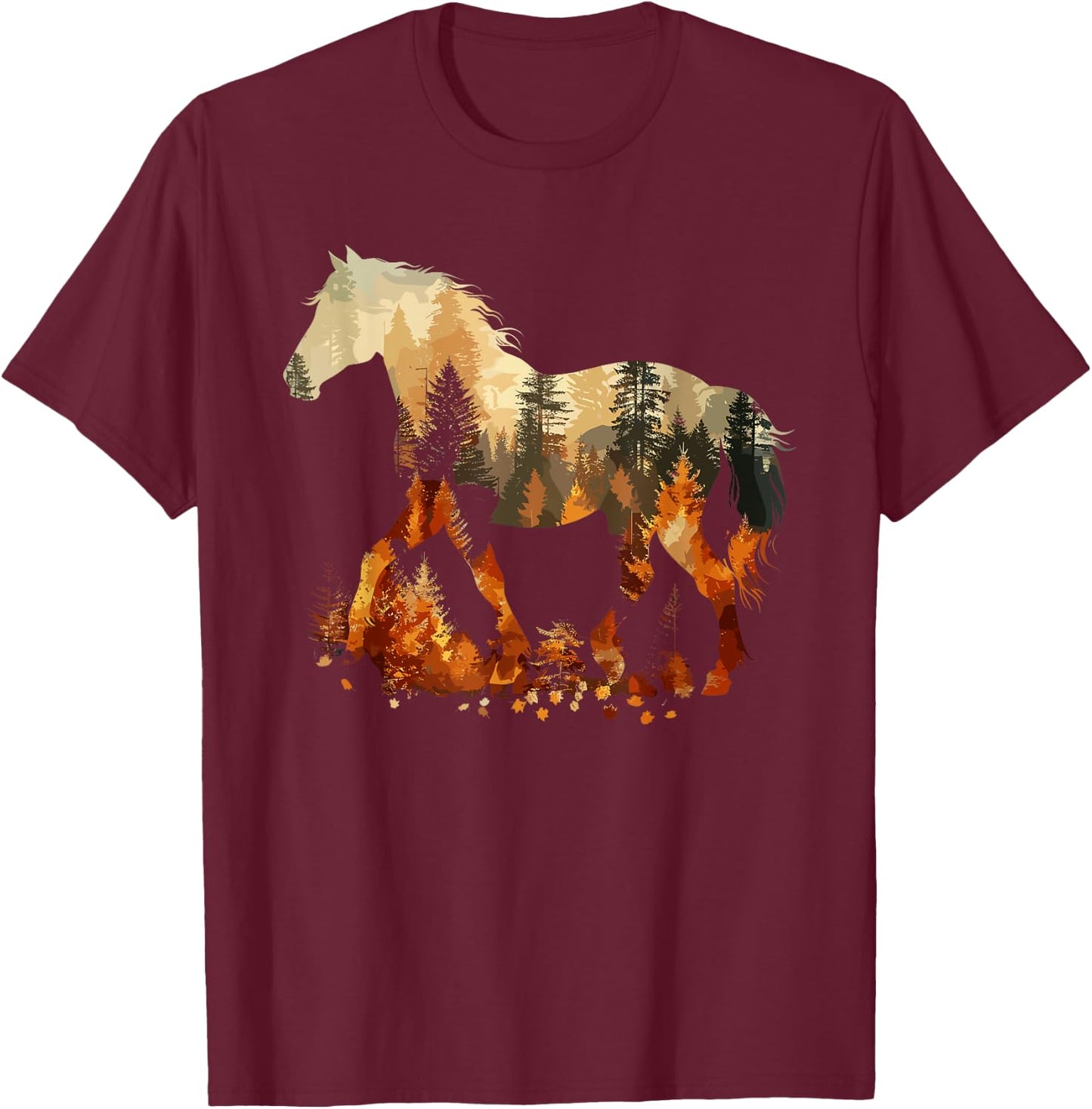 Cute Horse Lover Autumn Leaves Pony Animal Wildlife T-Shirt - T-Shirt | Maroon
