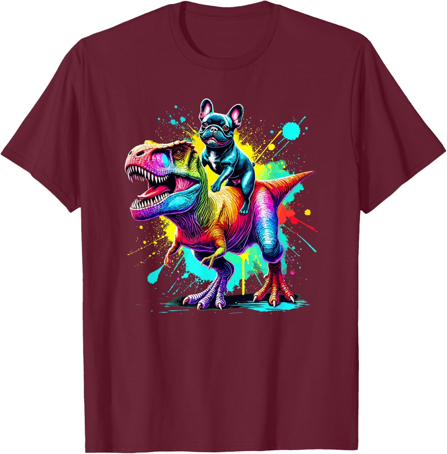 Splash Art Dinosaur T-Rex French Bulldog Frenchie T-Shirt - T-Shirt | Maroon