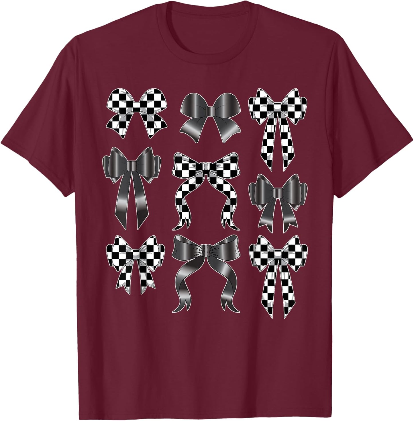 InGENIUS Coquette Bow Black Checkered Flag Racing Lover Racer Gift T-Shirt - T-Shirt | Maroon