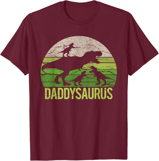 Daddy Dinosaur Daddysaurus 3 three kid Gift Dad christmas T-Shirt - T-Shirt | Maroon
