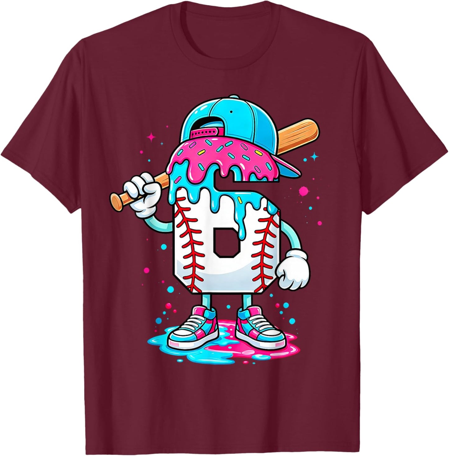 Baseball 6th Birthday Boy 6 Year Old Ice Cream Drip T-Shirt - T-Shirt | Maroon