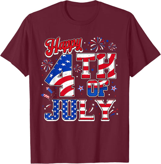 Happy 4th of July Patriotic USA American Flag Men Women Kids T-Shirt - T-Shirt | Maroon