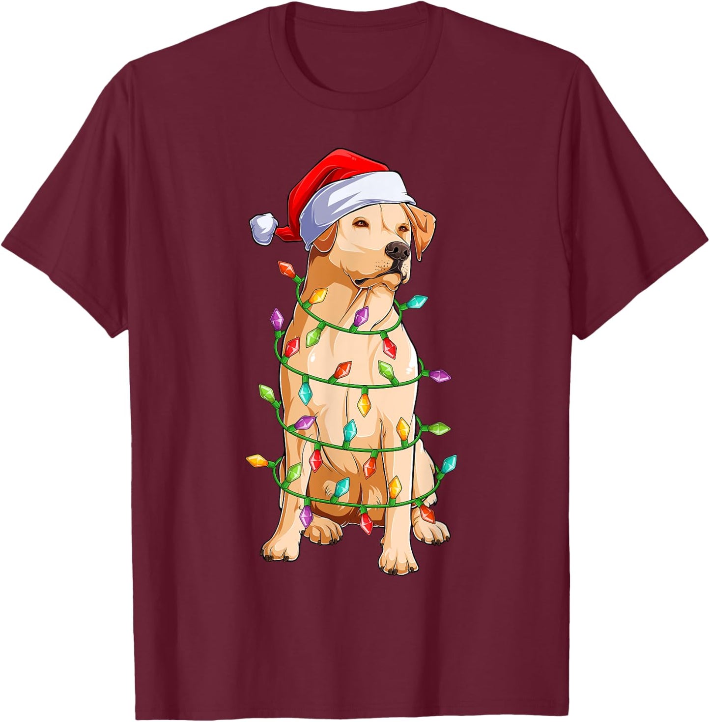 Xmas Lights Santa Hat Labrador Dog Christmas T-Shirt - T-Shirt | Maroon