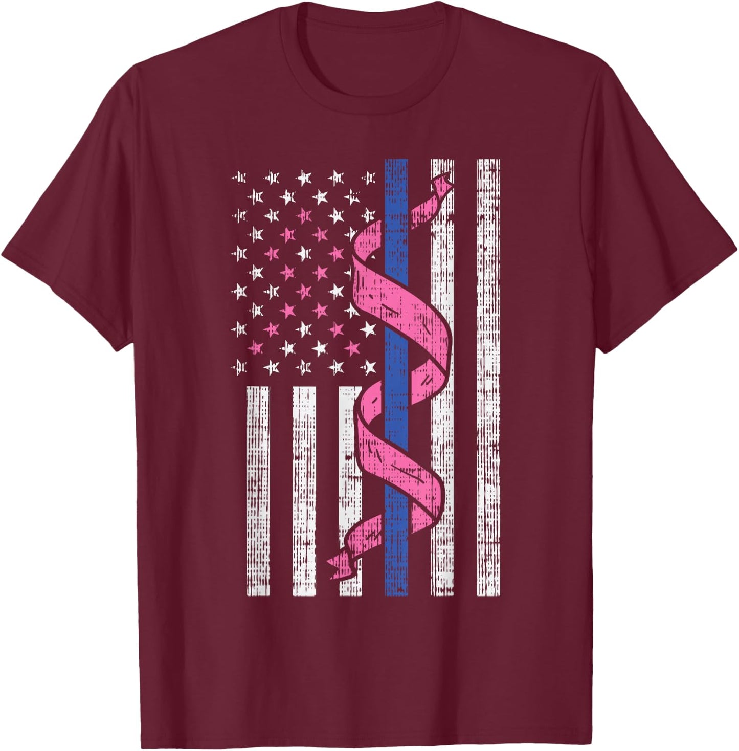 Blue Line Police US Flag Pink Ribbon Breast Cancer Awareness T-Shirt - T-Shirt | Maroon