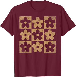 Retro Neutral Checkerboard Daisy Flower Checkered Cool Women T-Shirt - T-Shirt | Maroon