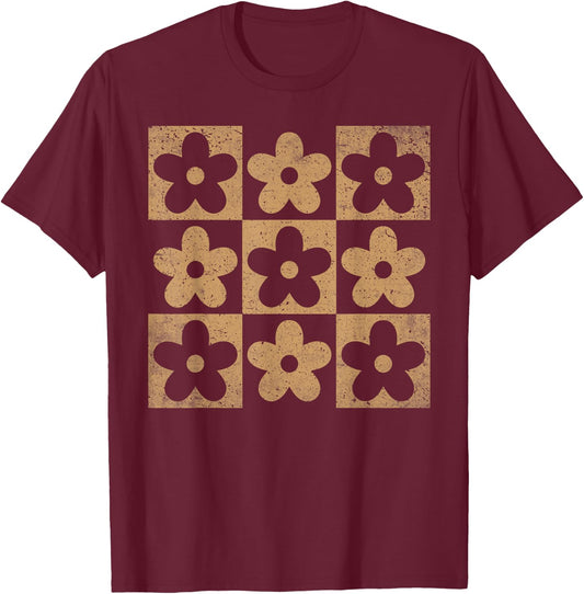 Retro Neutral Checkerboard Daisy Flower Checkered Cool Women T-Shirt - T-Shirt | Maroon