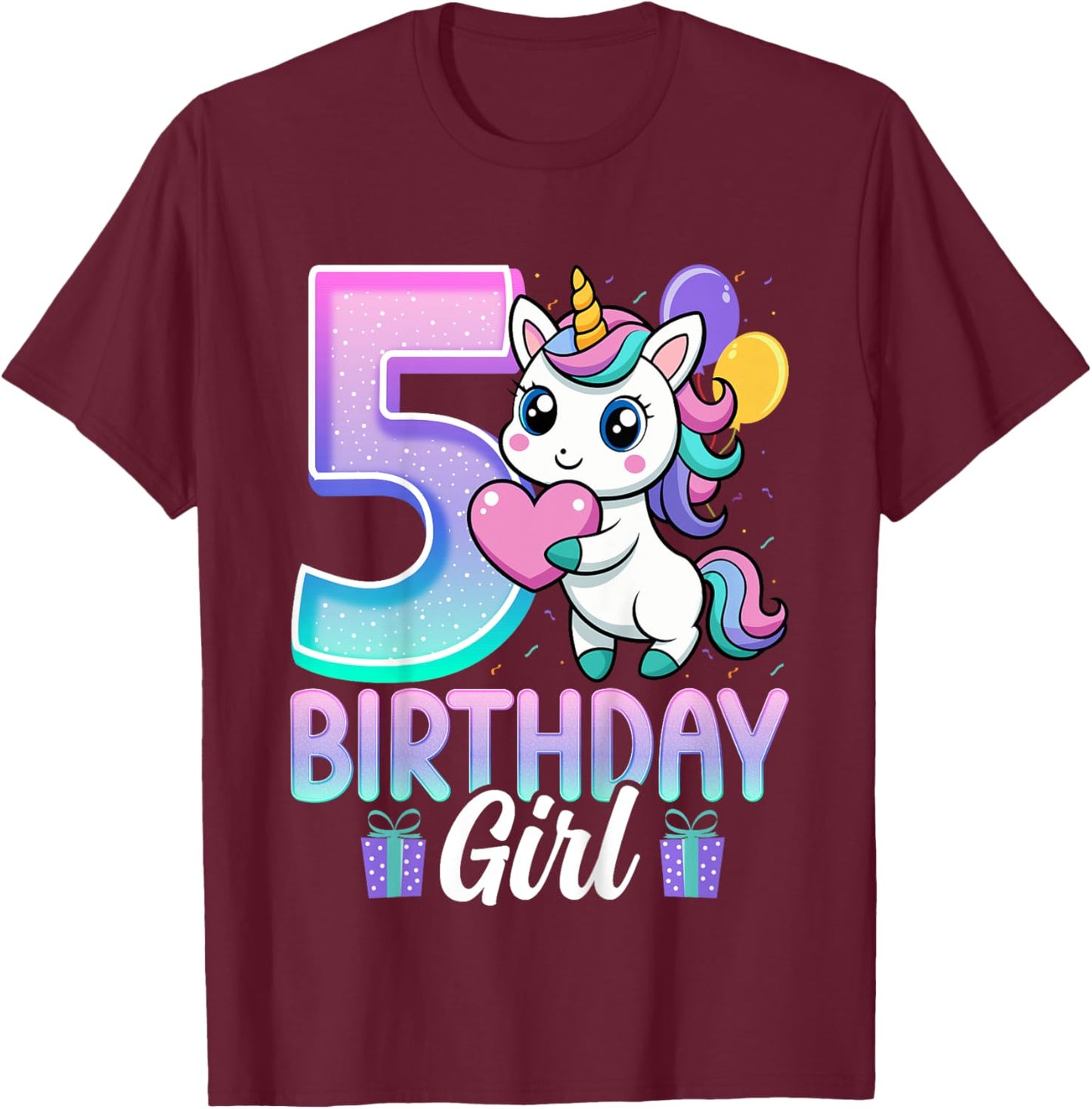 Birthday Girl Unicorn 5 Years Old 5th Birthday Party Unicorn T-Shirt - T-Shirt | Maroon