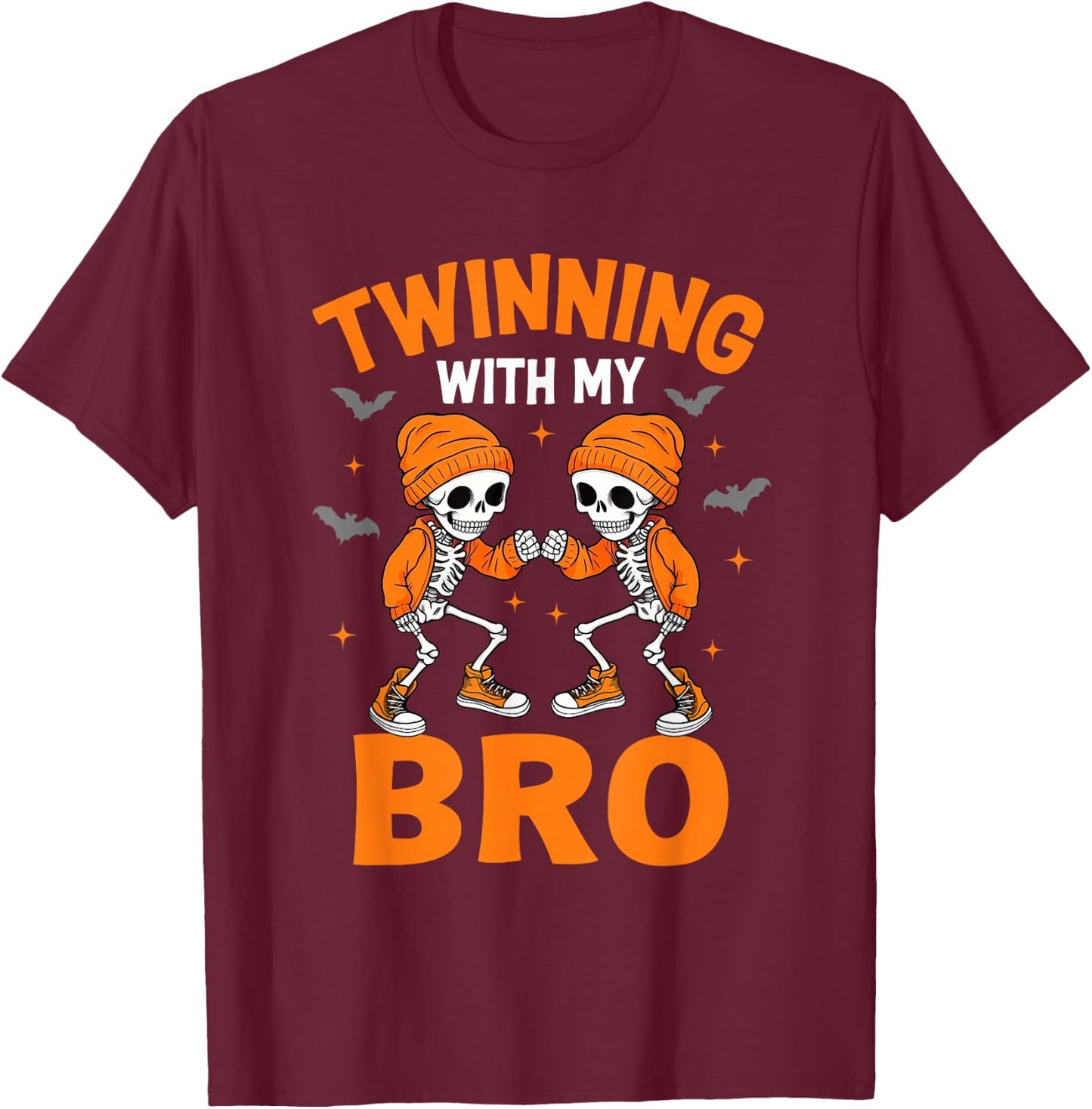 Twin Boys Twinning Halloween Best Friend Matching Skeleton T-Shirt - T-Shirt | Maroon