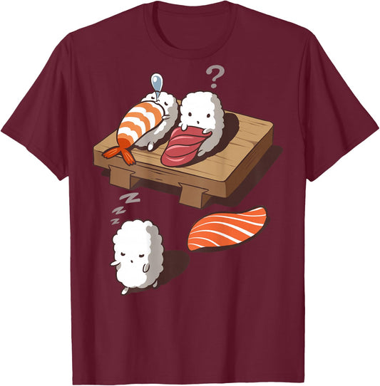 Cute and Funny Japanese Nigiri Sushi Sleepwalking T-Shirt - T-Shirt | Maroon
