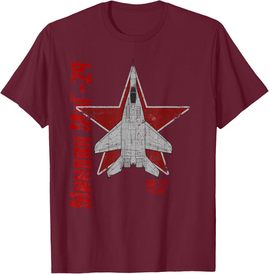 MiG-29 Fulcrum Soviet Cold War Jet Airplane Vintage Cyrillic T-Shirt - T-Shirt | Maroon