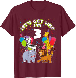 Kids Safari Birthday 3 Zoo Animals Lets get Wild I'm 3 Party Gift T-Shirt - T-Shirt | Maroon
